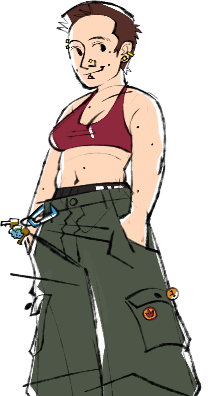 Stylized drawing of the creator of the site, looks like a sterotypical butch lesbian.
